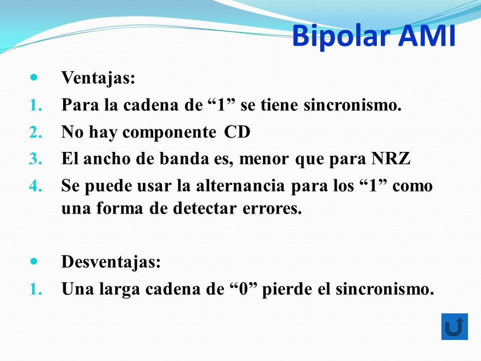 Bipolar AMI Ventajas: Para la cadena de 1 se tiene sincronismo.
