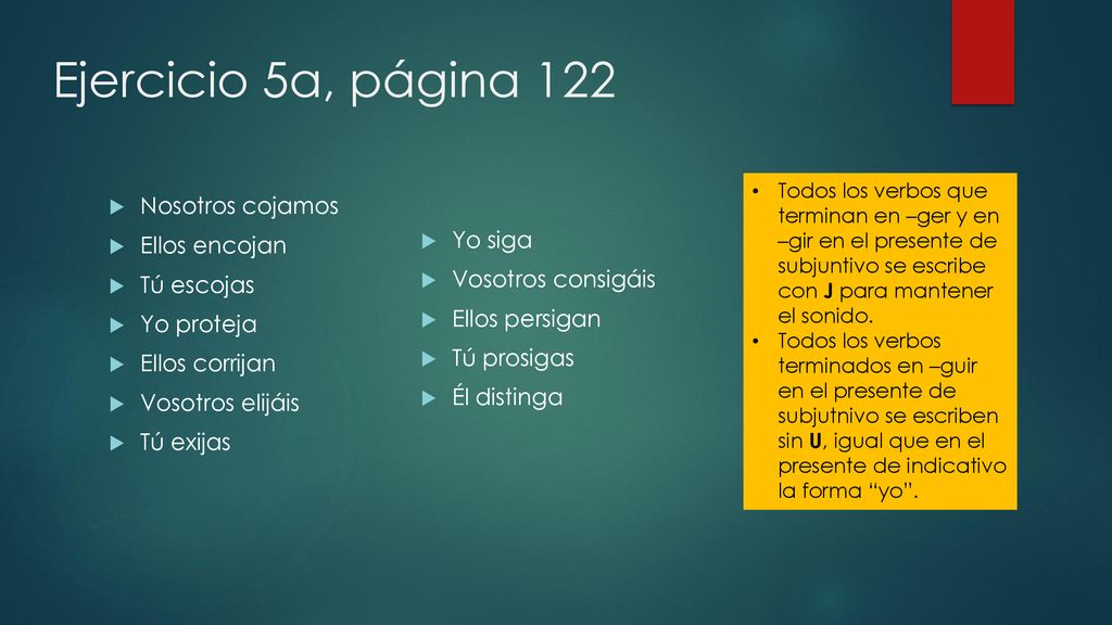 Ejercicio 5a, página 122 Nosotros cojamos Ellos encojan Tú escojas
