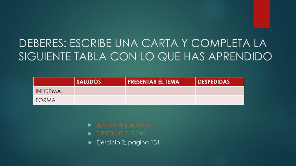 DEBERES: ESCRIBE UNA CARTA Y COMPLETA LA SIGUIENTE TABLA CON LO QUE HAS APRENDIDO