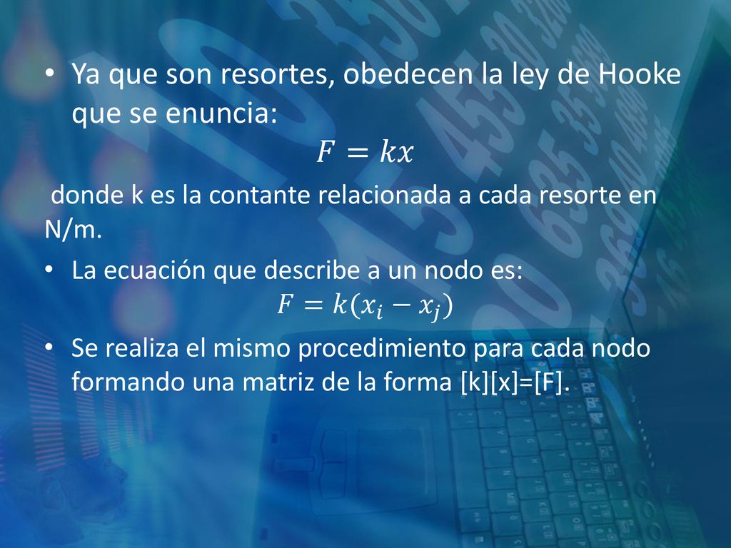 Ya que son resortes, obedecen la ley de Hooke que se enuncia: 𝐹=𝑘𝑥