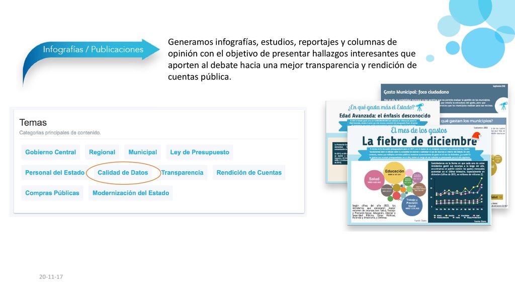 Generamos infografías, estudios, reportajes y columnas de opinión con el objetivo de presentar hallazgos interesantes que aporten al debate hacia una mejor transparencia y rendición de cuentas pública.