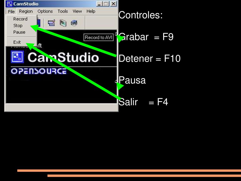 Controles: Grabar = F9 Detener = F10 Pausa Salir = F4 c c