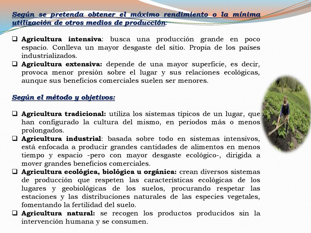 Según se pretenda obtener el máximo rendimiento o la mínima utilización de otros medios de producción: