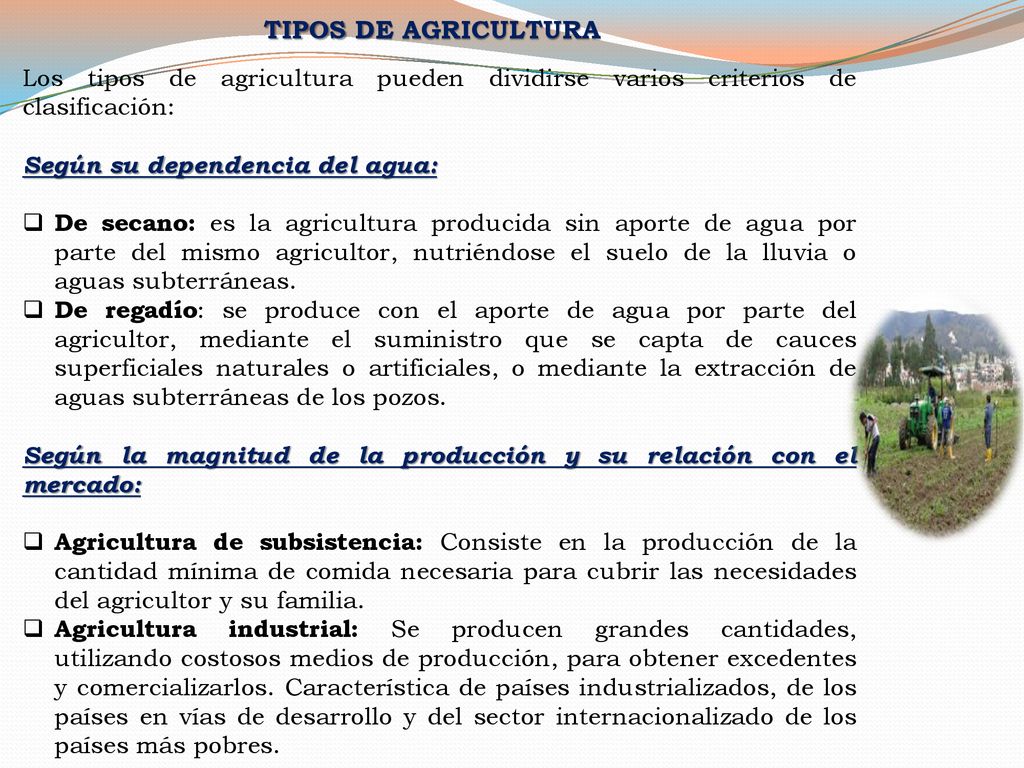 TIPOS DE AGRICULTURA Los tipos de agricultura pueden dividirse varios criterios de clasificación: Según su dependencia del agua: