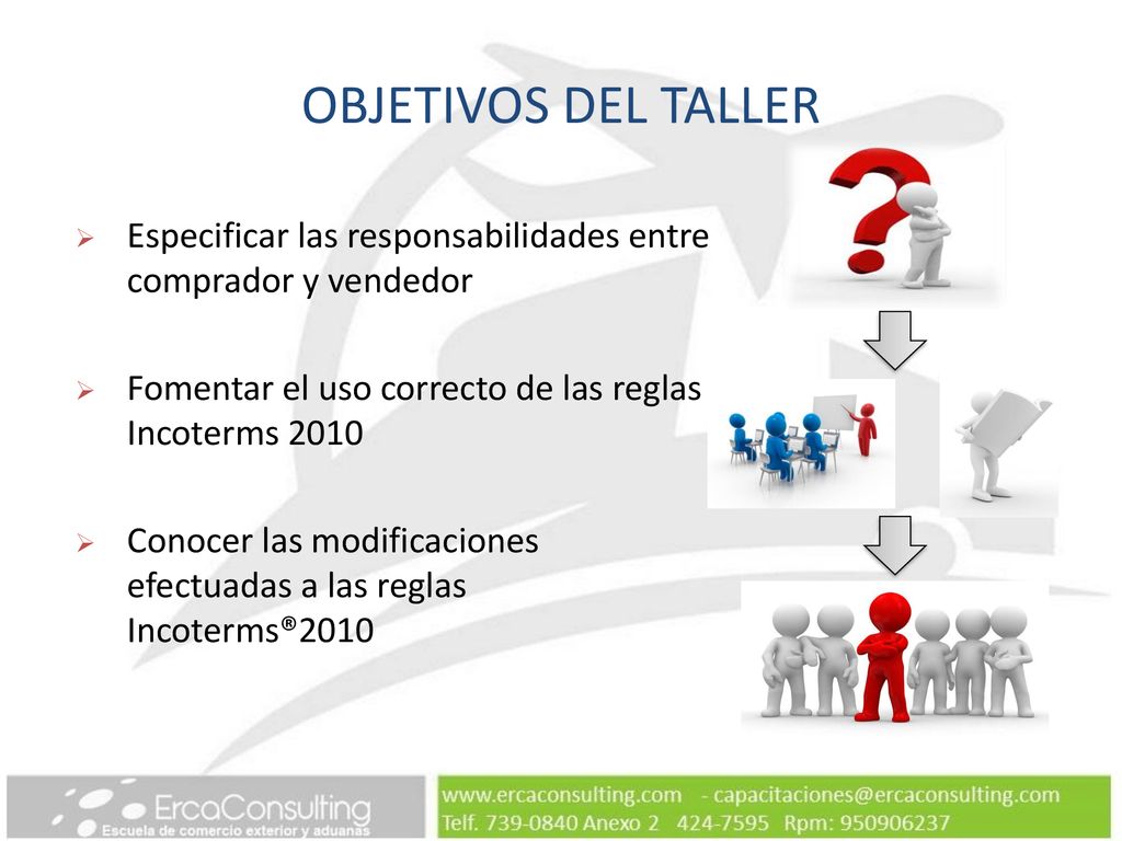 OBJETIVOS DEL TALLER Especificar las responsabilidades entre comprador y vendedor. Fomentar el uso correcto de las reglas Incoterms
