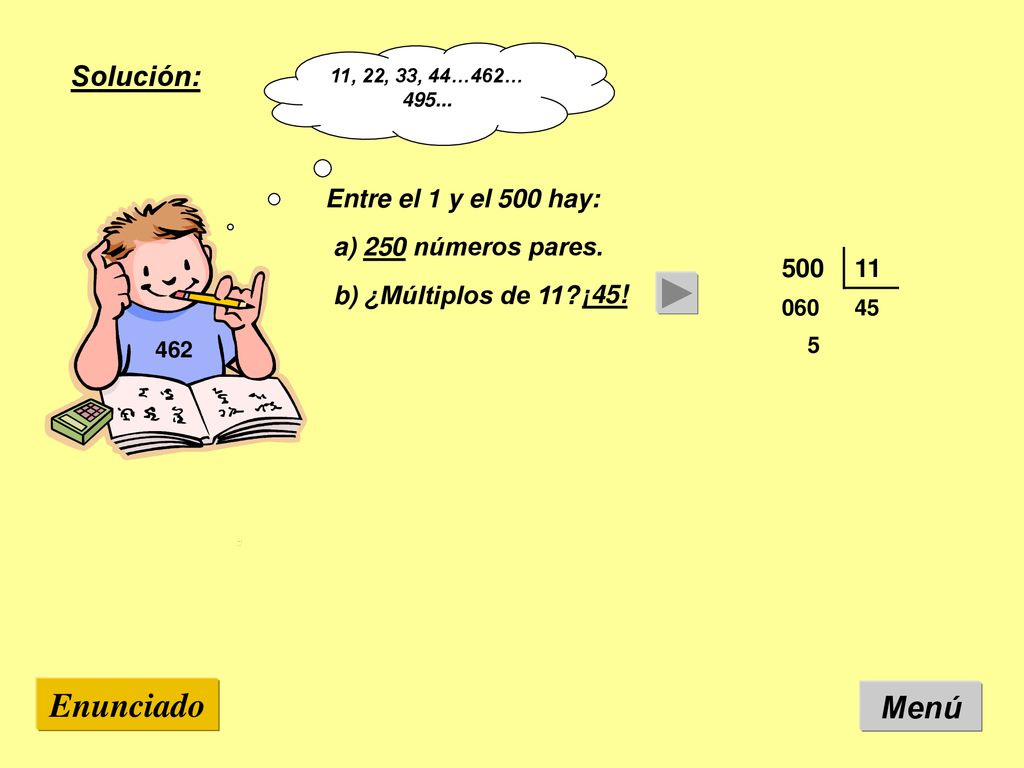 Enunciado Menú Solución: Entre el 1 y el 500 hay:
