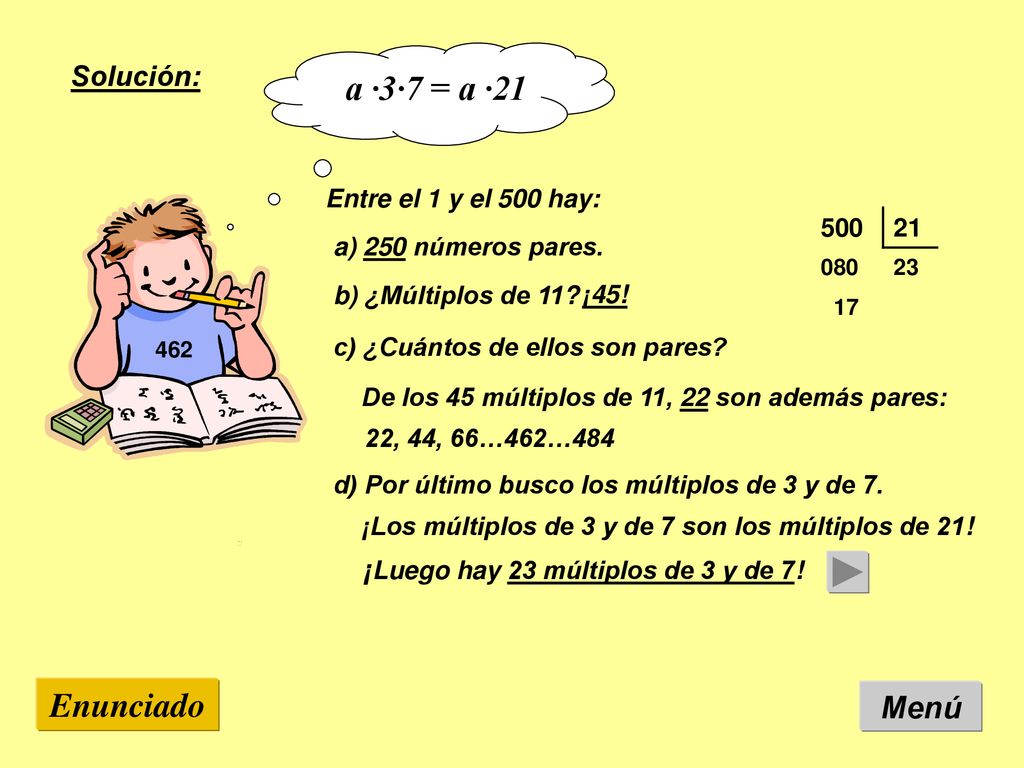 a ·3·7 = a ·21 Enunciado Menú Solución: Entre el 1 y el 500 hay: