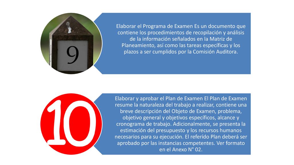 Elaborar el Programa de Examen Es un documento que contiene los procedimientos de recopilación y análisis de la información señalados en la Matriz de Planeamiento, así como las tareas específicas y los plazos a ser cumplidos por la Comisión Auditora.