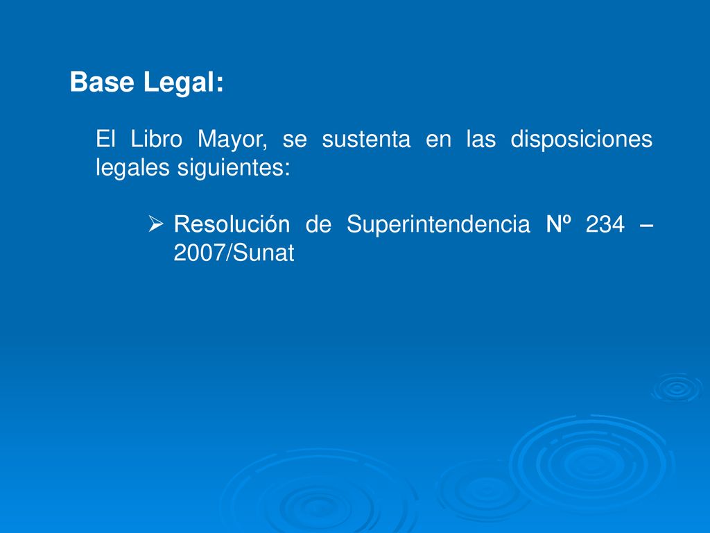 Base Legal: El Libro Mayor, se sustenta en las disposiciones legales siguientes: Resolución de Superintendencia Nº 234 – 2007/Sunat.