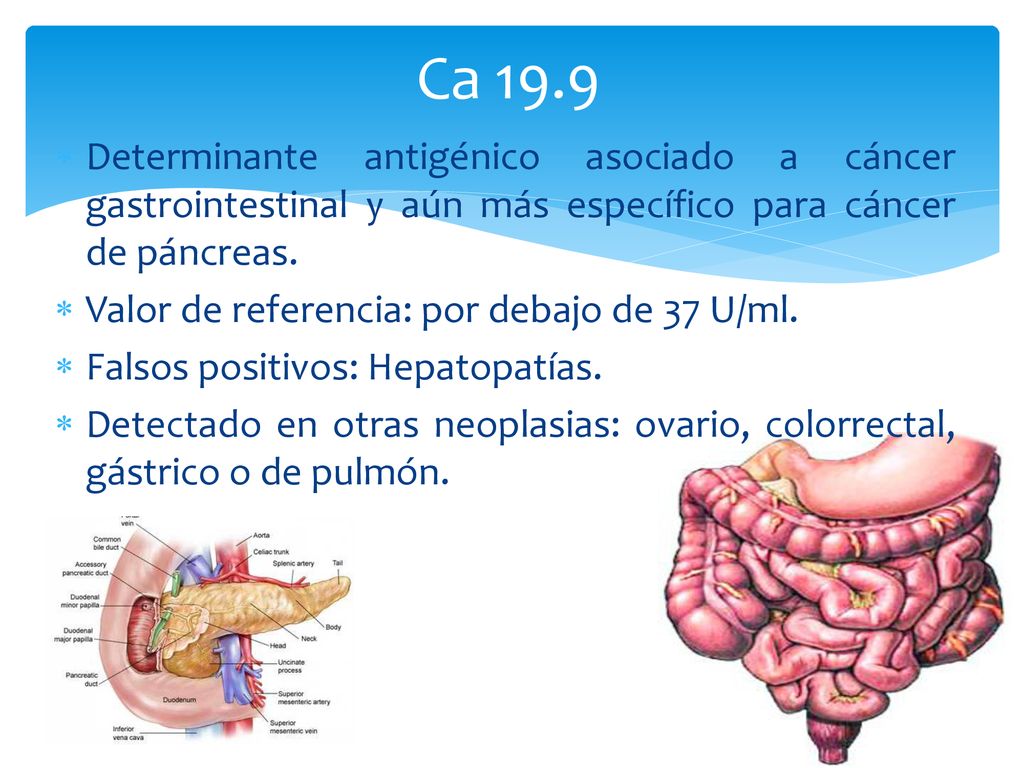 Ca 19.9 Determinante antigénico asociado a cáncer gastrointestinal y aún más específico para cáncer de páncreas.
