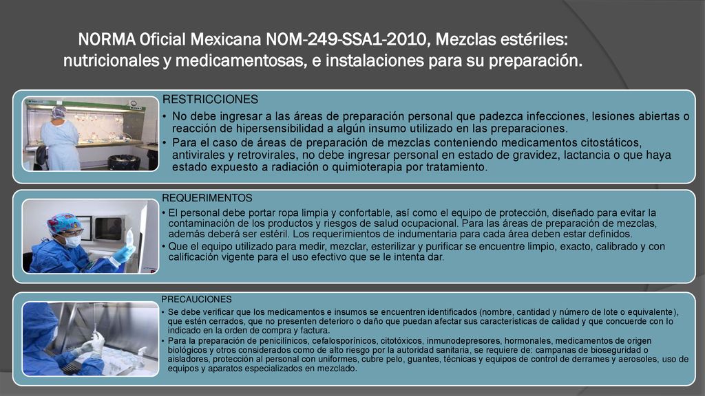 NORMA Oficial Mexicana NOM-249-SSA1-2010, Mezclas estériles: nutricionales y medicamentosas, e instalaciones para su preparación.