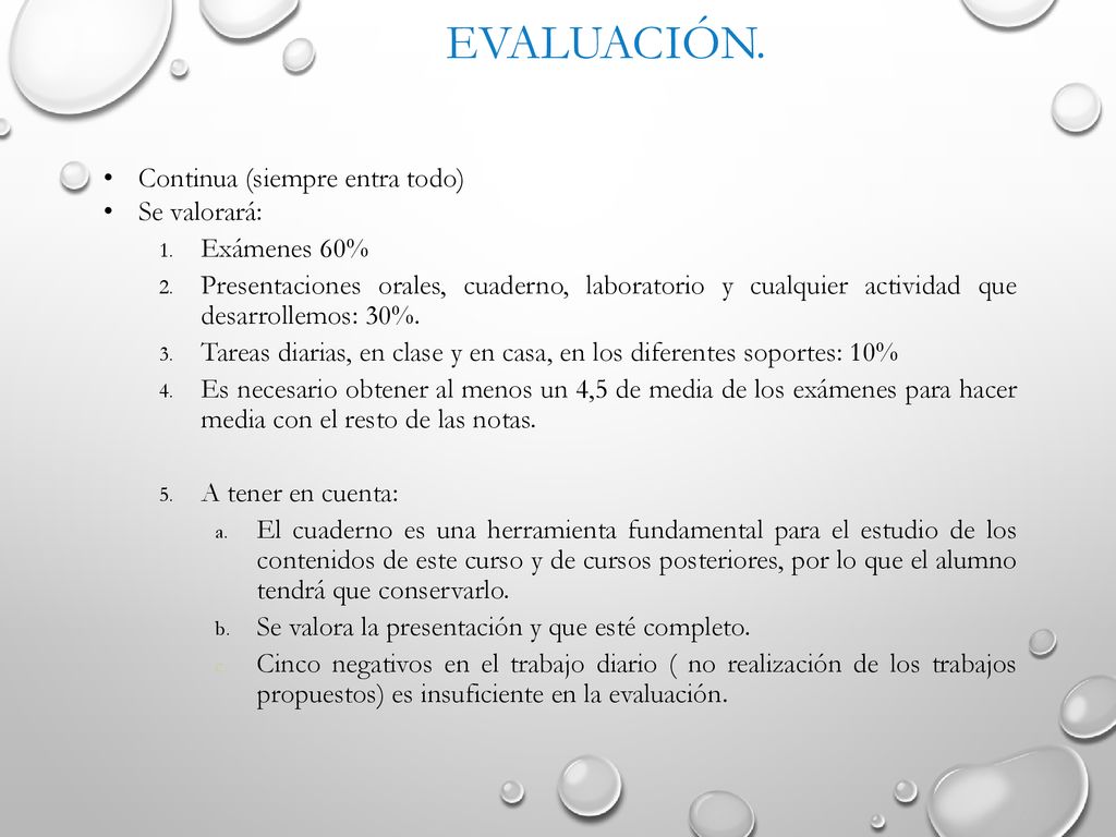EVALUACIÓN. Continua (siempre entra todo) Se valorará: Exámenes 60%