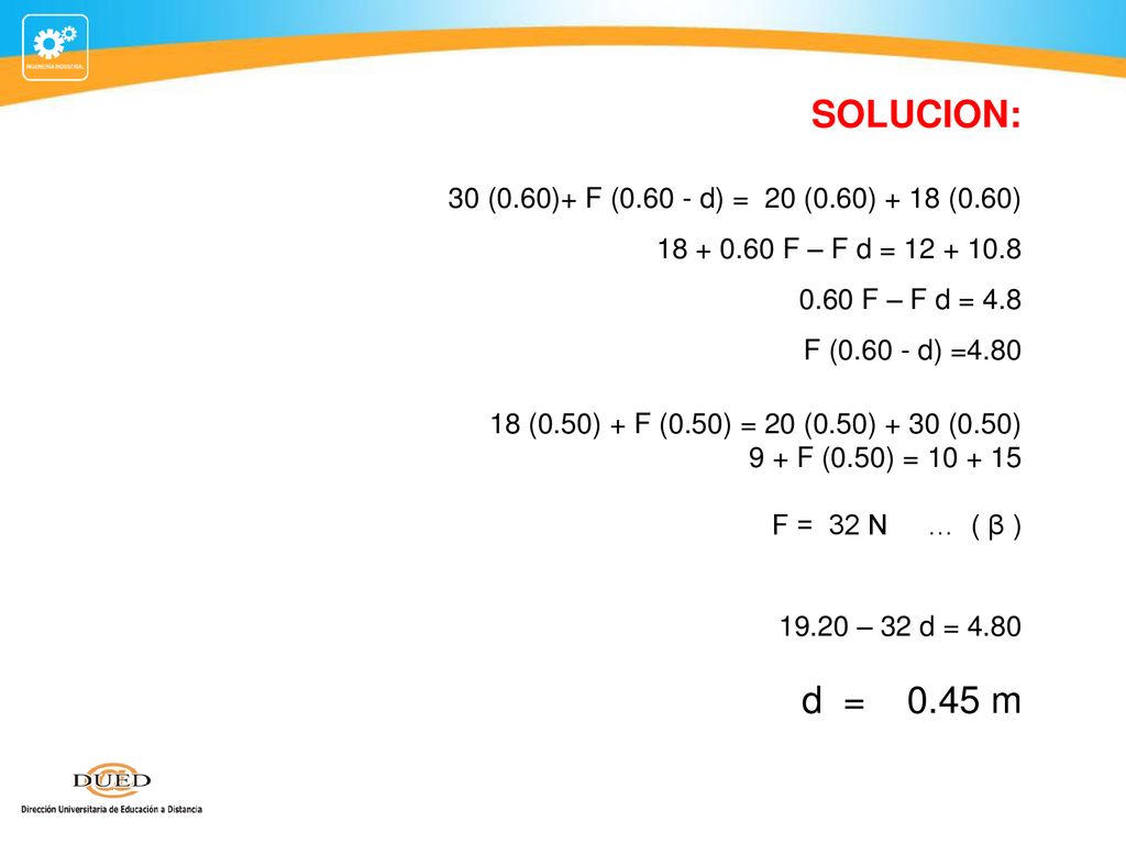 SOLUCION: 30 (0.60)+ F ( d) = 20 (0.60) + 18 (0.60)