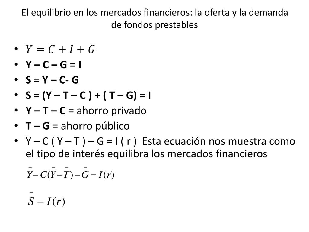 𝑌=𝐶+𝐼+𝐺 Y – C – G = I S = Y – C- G S = (Y – T – C ) + ( T – G) = I