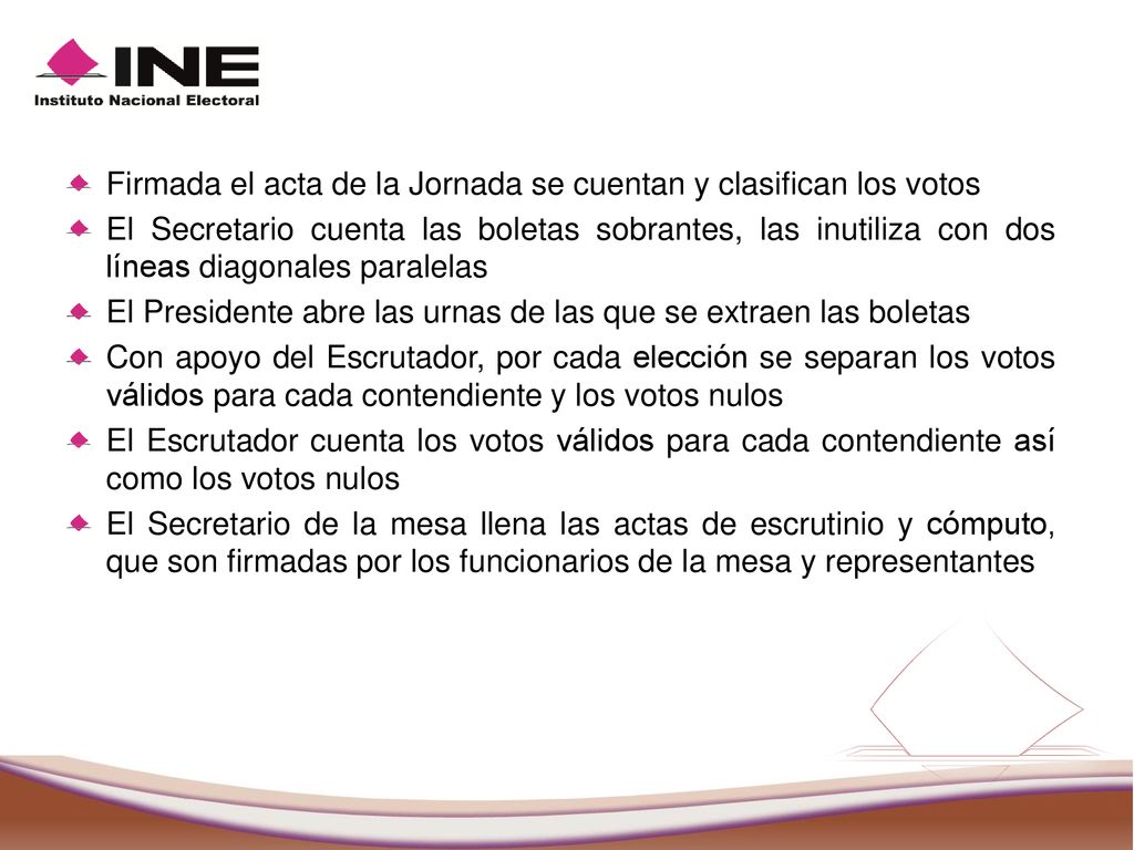 Firmada el acta de la Jornada se cuentan y clasifican los votos