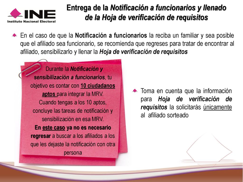 Entrega de la Notificación a funcionarios y llenado de la Hoja de verificación de requisitos