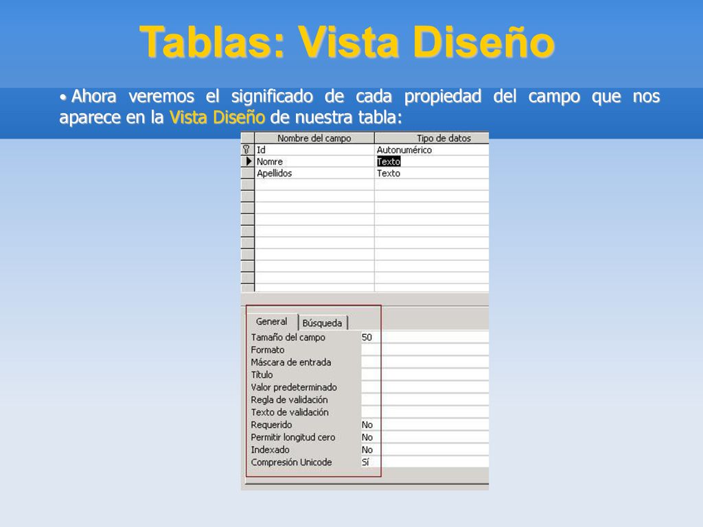 Tablas: Vista Diseño Ahora veremos el significado de cada propiedad del campo que nos aparece en la Vista Diseño de nuestra tabla: