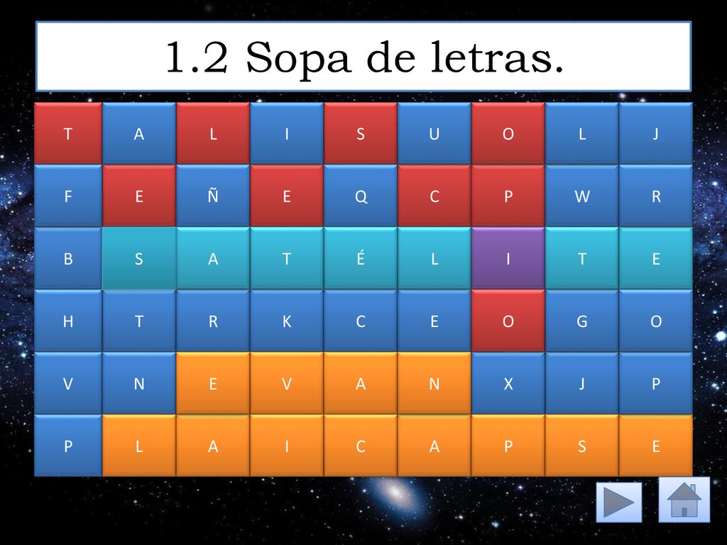 1.2 Sopa de letras. T A L I S U O L J F E Ñ E Q C P W R B S A T É L I