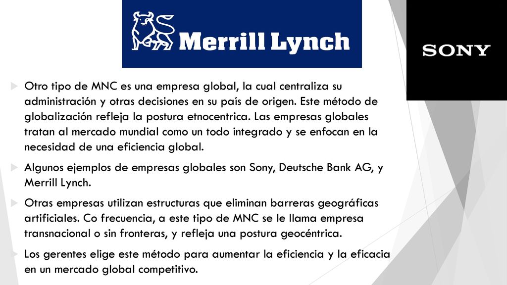 Otro tipo de MNC es una empresa global, la cual centraliza su administración y otras decisiones en su país de origen. Este método de globalización refleja la postura etnocentrica. Las empresas globales tratan al mercado mundial como un todo integrado y se enfocan en la necesidad de una eficiencia global.