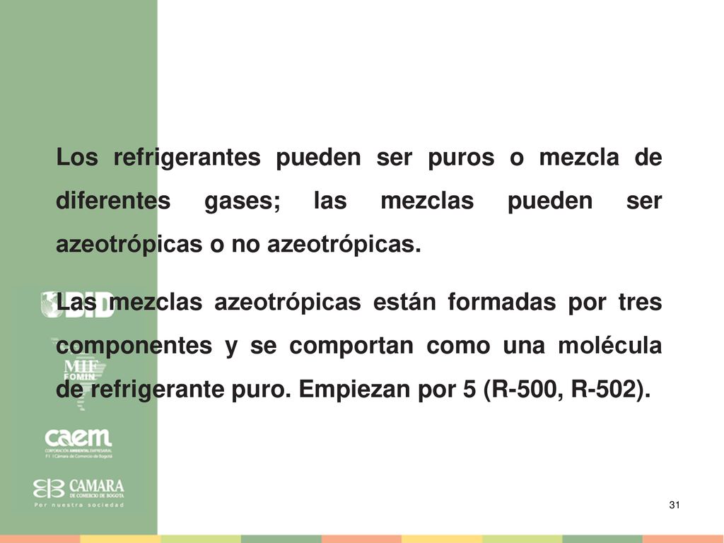 Los refrigerantes pueden ser puros o mezcla de diferentes gases; las mezclas pueden ser azeotrópicas o no azeotrópicas.