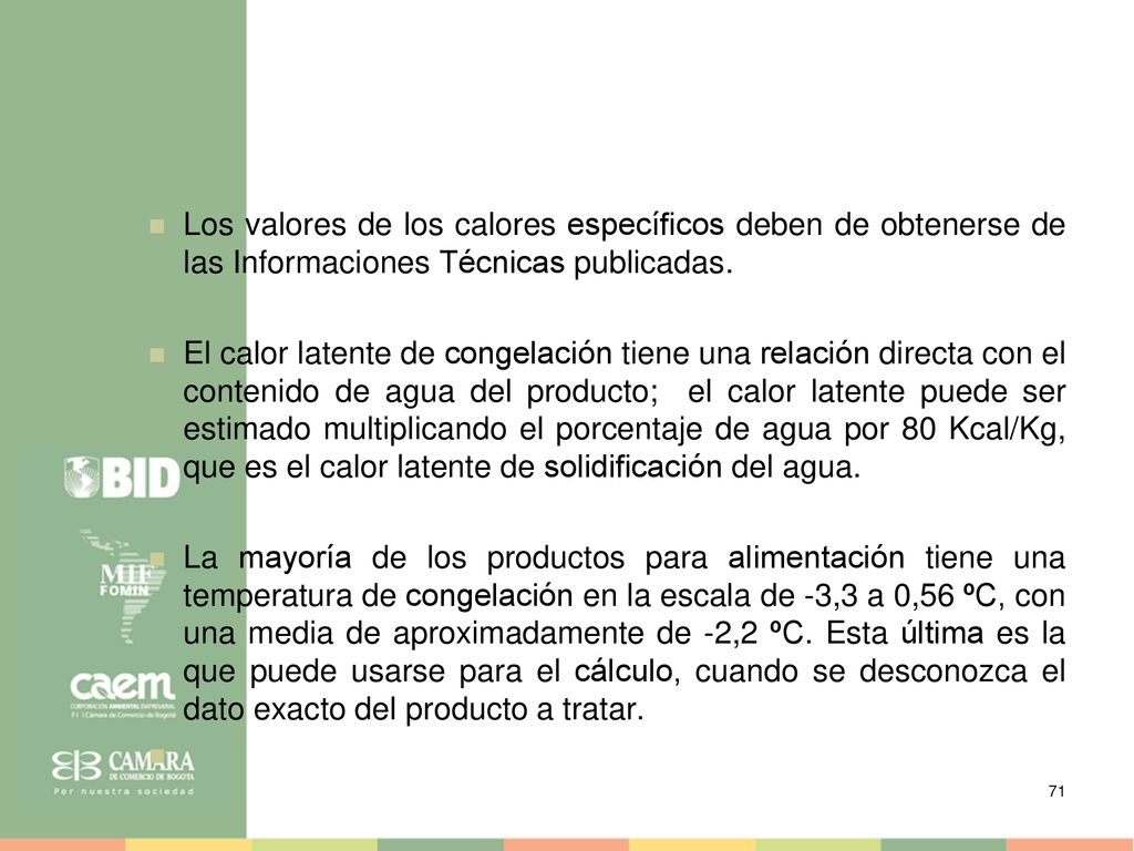 Los valores de los calores específicos deben de obtenerse de las Informaciones Técnicas publicadas.