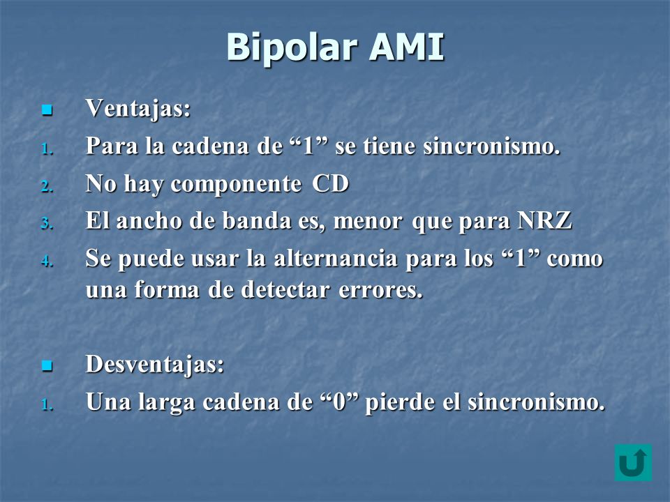 Bipolar AMI Ventajas: Para la cadena de 1 se tiene sincronismo.