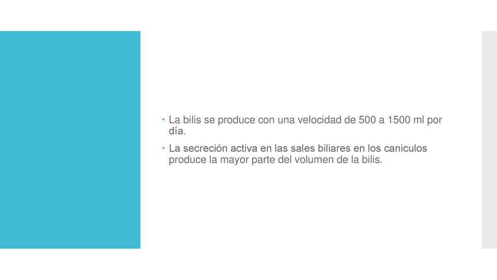 La bilis se produce con una velocidad de 500 a 1500 ml por día.