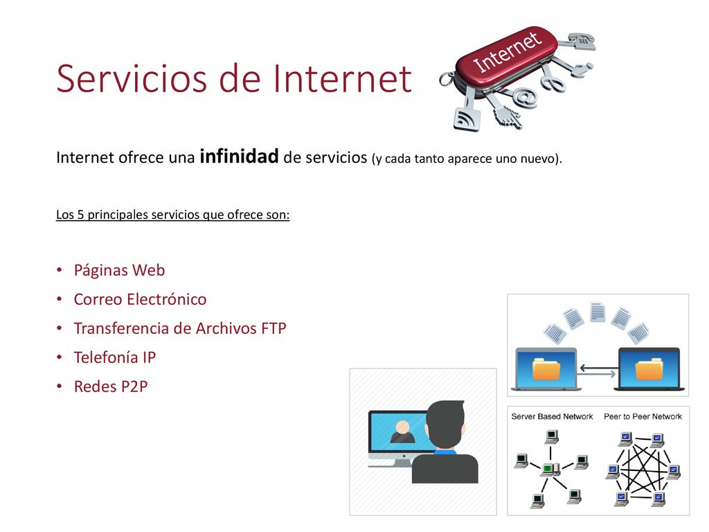 Servicios de Internet Internet ofrece una infinidad de servicios (y cada tanto aparece uno nuevo). Los 5 principales servicios que ofrece son: