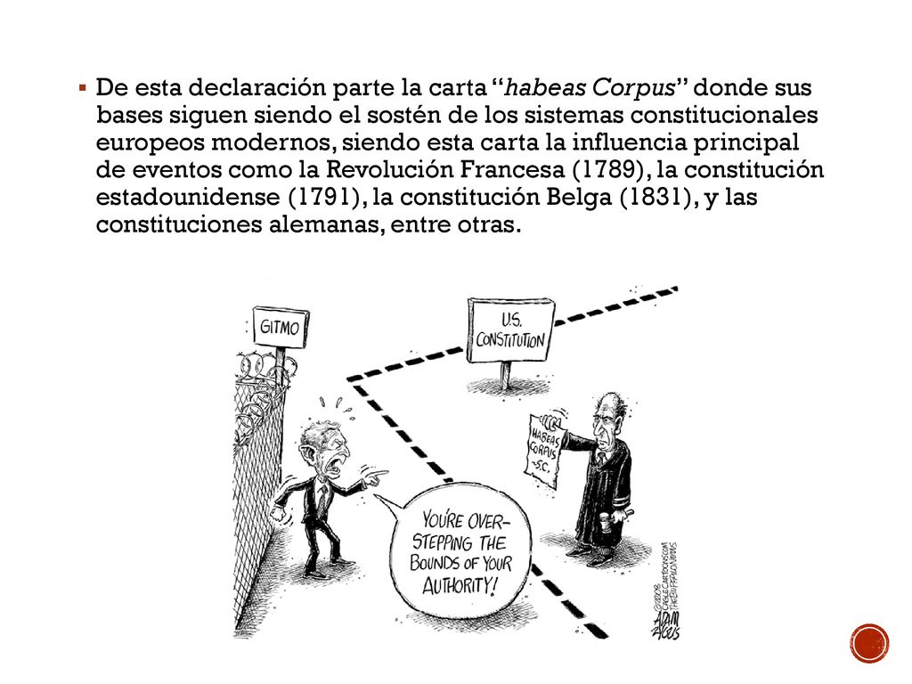 De esta declaración parte la carta habeas Corpus donde sus bases siguen siendo el sostén de los sistemas constitucionales europeos modernos, siendo esta carta la influencia principal de eventos como la Revolución Francesa (1789), la constitución estadounidense (1791), la constitución Belga (1831), y las constituciones alemanas, entre otras.