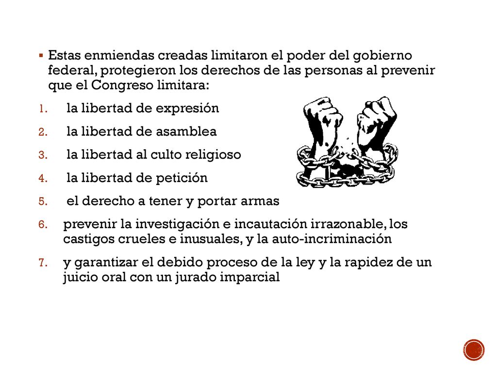 Estas enmiendas creadas limitaron el poder del gobierno federal, protegieron los derechos de las personas al prevenir que el Congreso limitara: