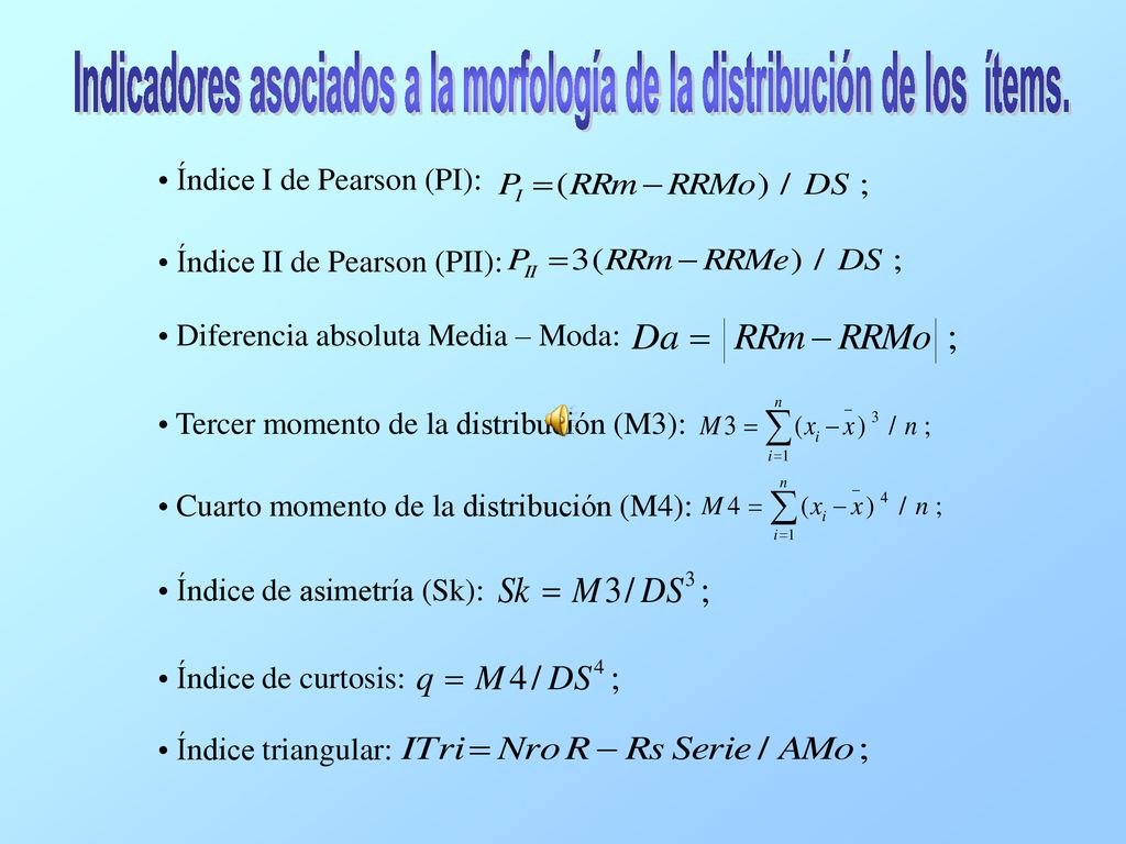 Indicadores asociados a la morfología de la distribución de los ítems.
