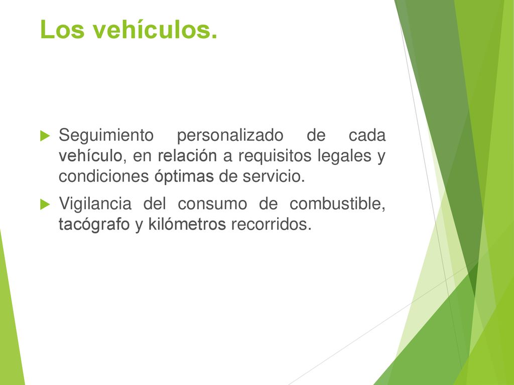 Los vehículos. Seguimiento personalizado de cada vehículo, en relación a requisitos legales y condiciones óptimas de servicio.