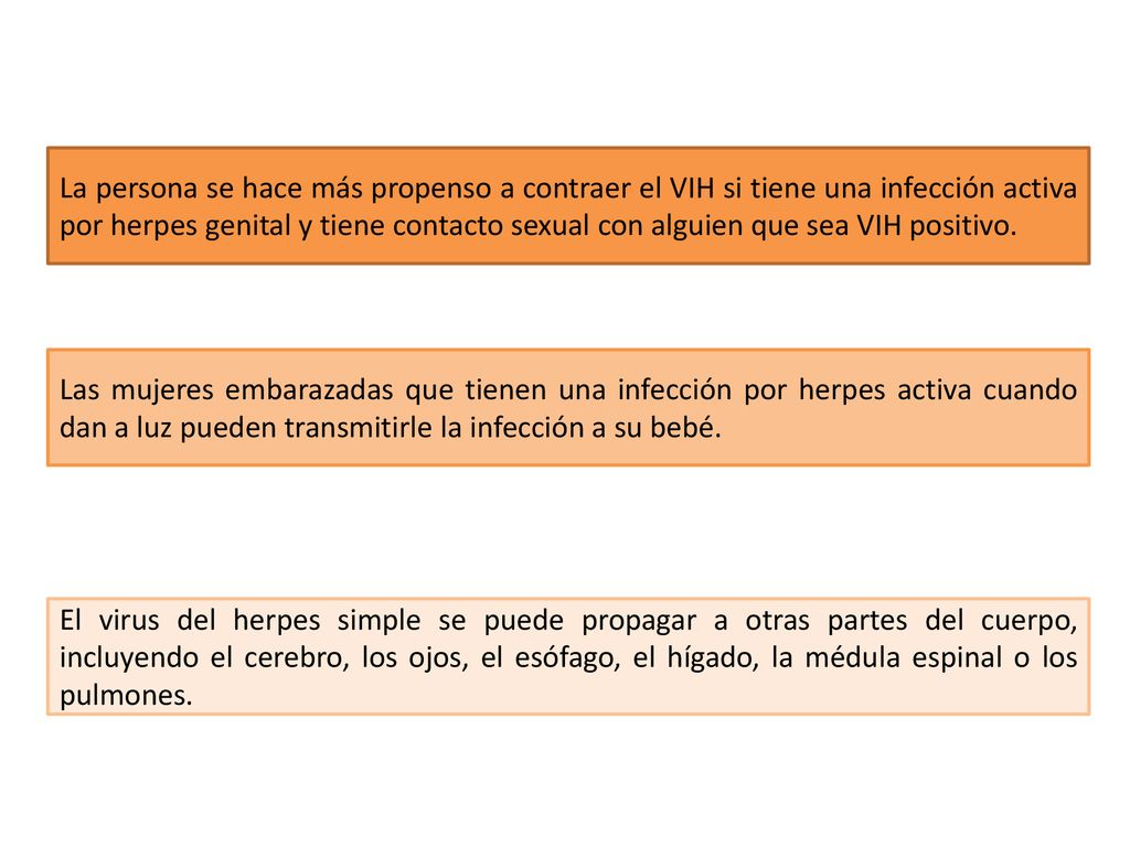 La persona se hace más propenso a contraer el VIH si tiene una infección activa por herpes genital y tiene contacto sexual con alguien que sea VIH positivo.