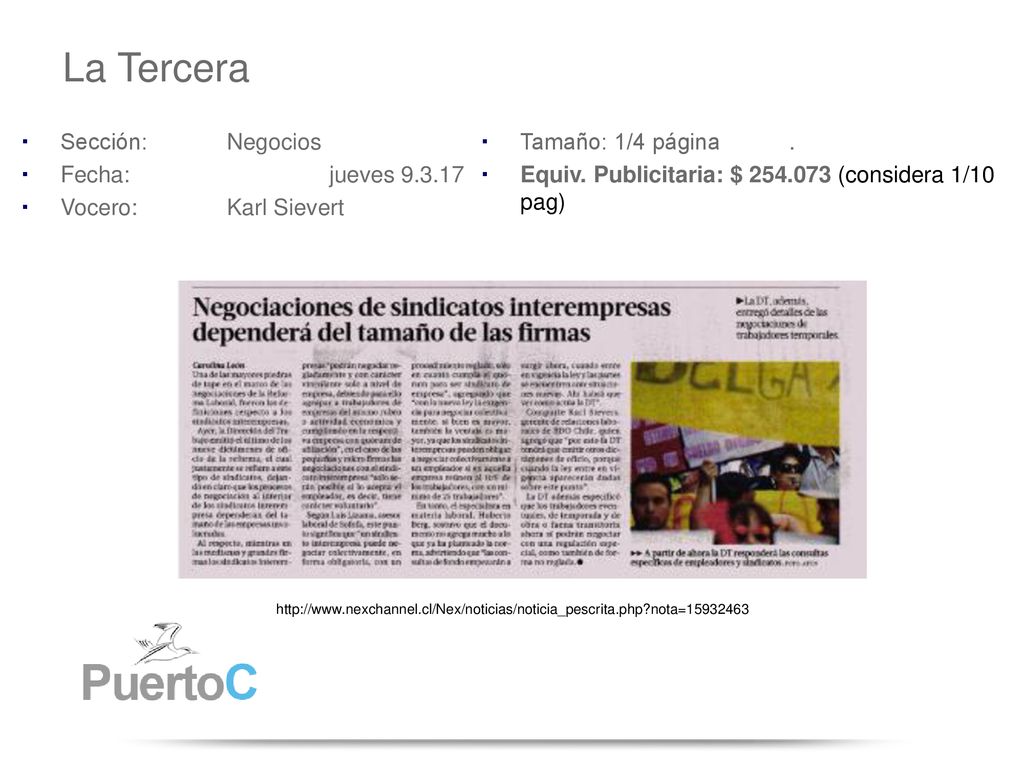 La Tercera Sección: Negocios. Fecha: jueves Vocero: Karl Sievert. Tamaño: 1/4 página .