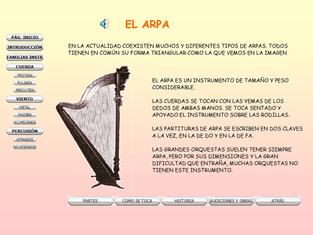EL ARPA EN LA ACTUALIDAD COEXISTEN MUCHOS Y DIFERENTES TIPOS DE ARPAS. TODOS. TIENEN EN COMÚN SU FORMA TRIANGULAR COMO LA QUE VEMOS EN LA IMAGEN.