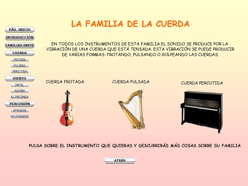 LA FAMILIA DE LA CUERDA EN TODOS LOS INSTRUMENTOS DE ESTA FAMILIA EL SONIDO SE PRODUCE POR LA.