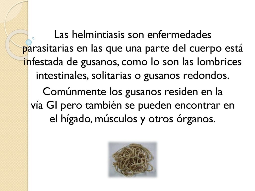 Las helmintiasis son enfermedades parasitarias en las que una parte del cuerpo está infestada de gusanos, como lo son las lombrices intestinales, solitarias o gusanos redondos.
