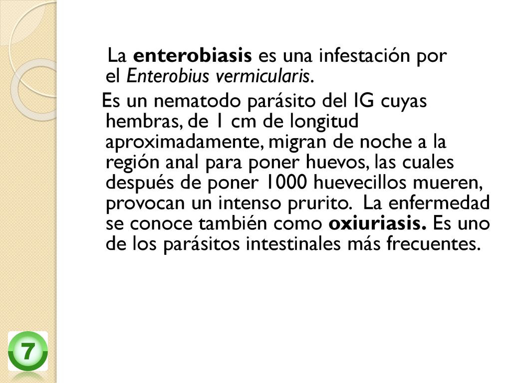 La enterobiasis es una infestación por el Enterobius vermicularis