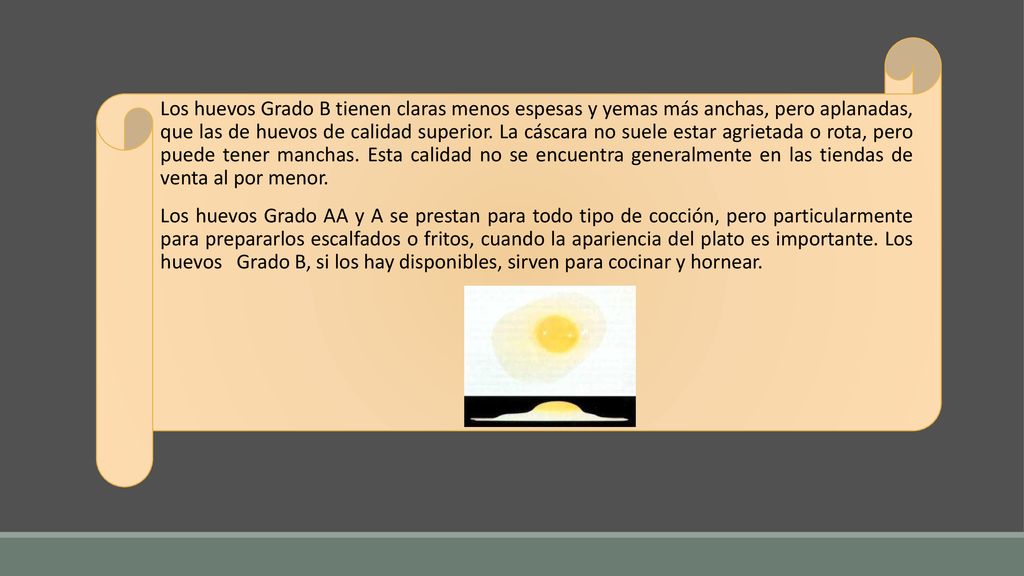 Los huevos Grado B tienen claras menos espesas y yemas más anchas, pero aplanadas, que las de huevos de calidad superior. La cáscara no suele estar agrietada o rota, pero puede tener manchas. Esta calidad no se encuentra generalmente en las tiendas de venta al por menor.