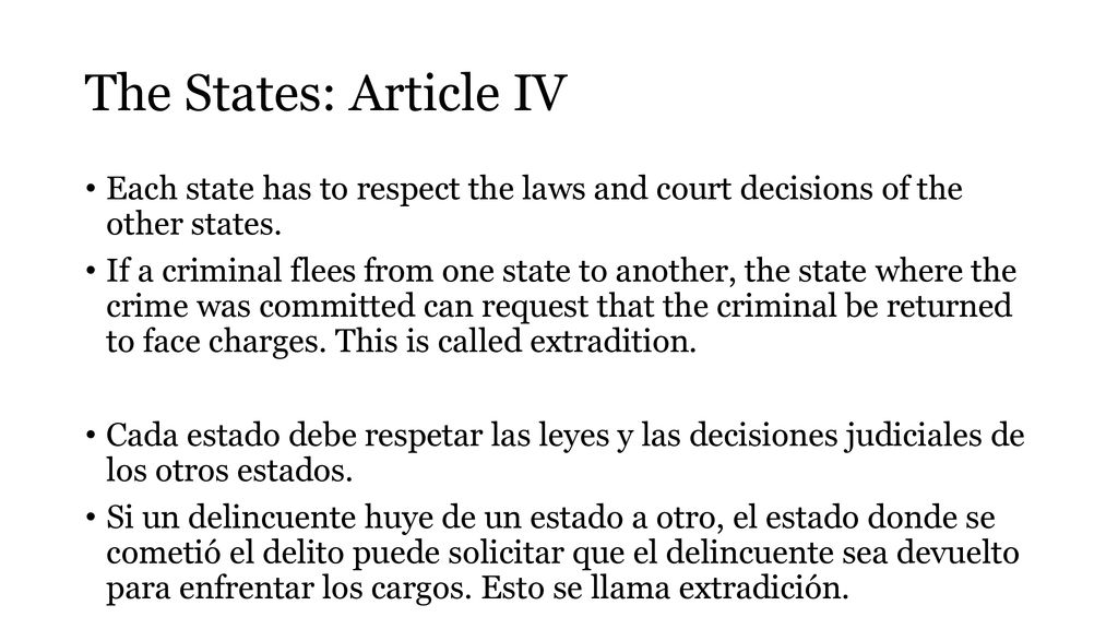 The States: Article IV Each state has to respect the laws and court decisions of the other states.