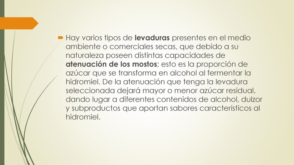 Hay varios tipos de levaduras presentes en el medio ambiente o comerciales secas, que debido a su naturaleza poseen distintas capacidades de atenuación de los mostos; esto es la proporción de azúcar que se transforma en alcohol al fermentar la hidromiel.