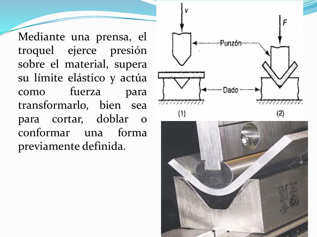 Mediante una prensa, el troquel ejerce presión sobre el material, supera su límite elástico y actúa como fuerza para transformarlo, bien sea para cortar, doblar o conformar una forma previamente definida.