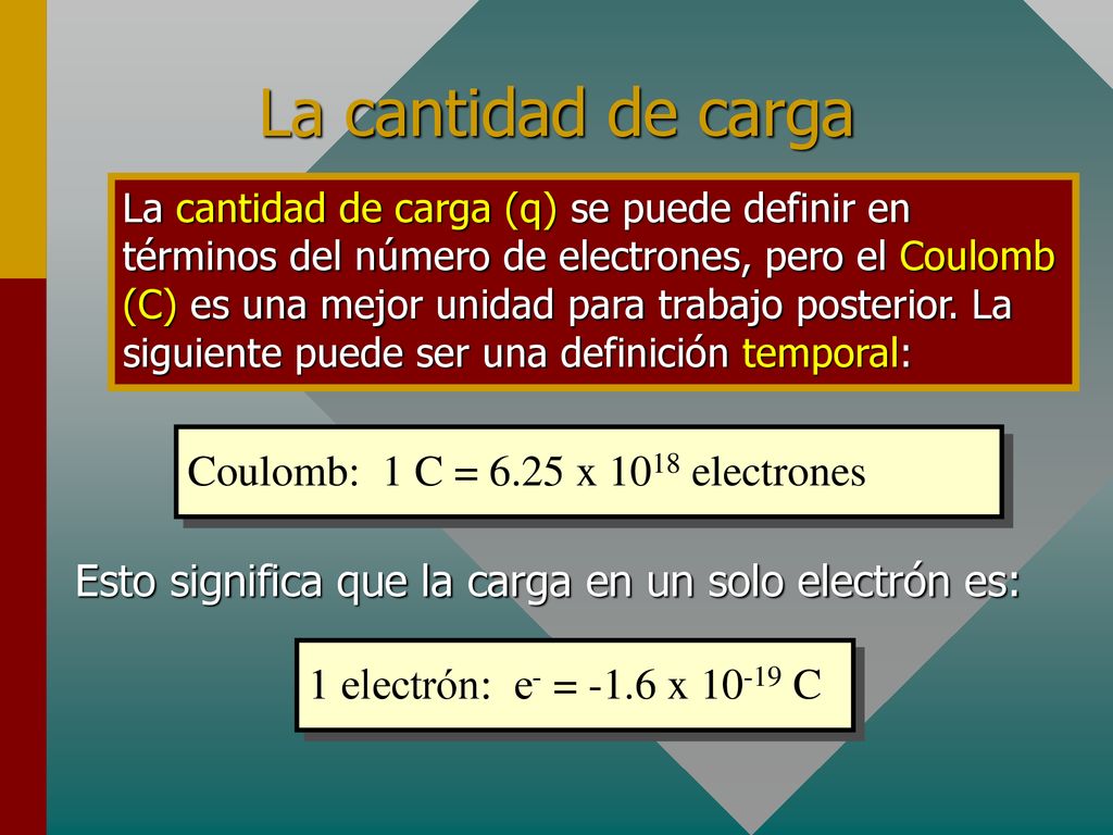 La cantidad de carga Coulomb: 1 C = 6.25 x 1018 electrones