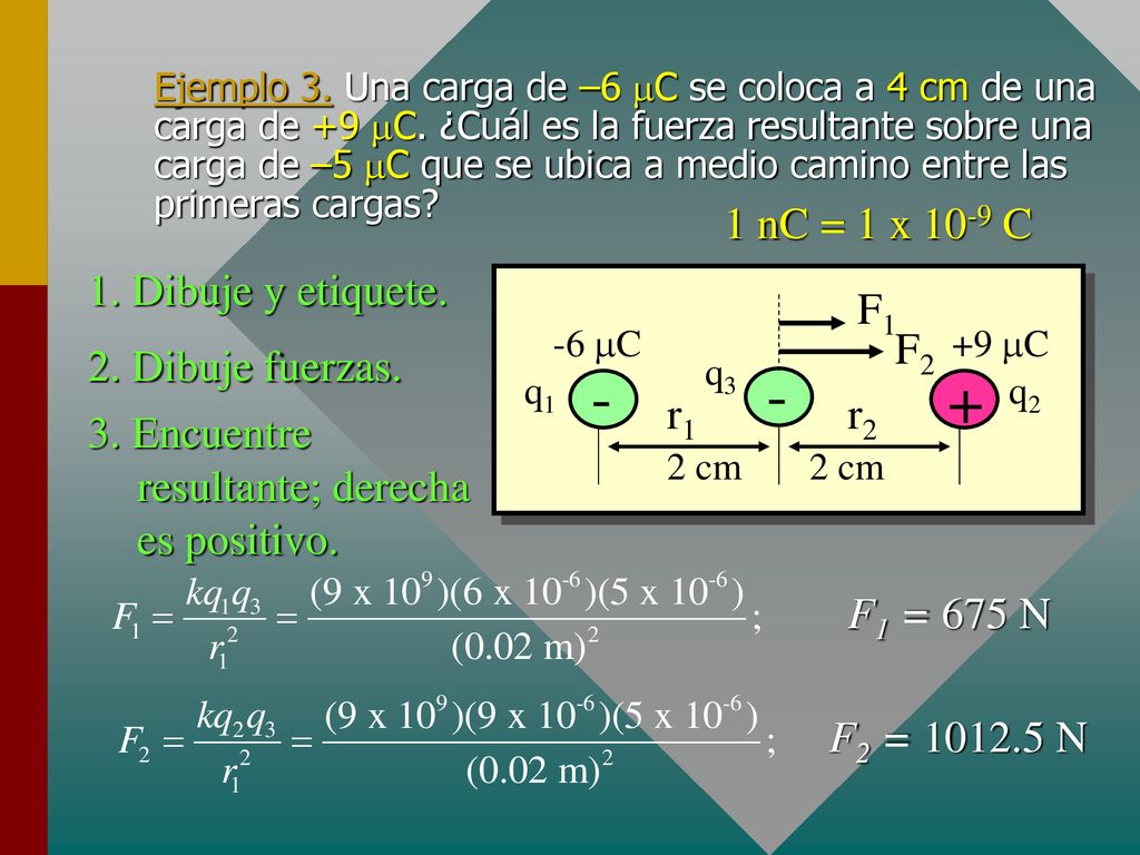 - + 1 nC = 1 x 10-9 C 1. Dibuje y etiquete. r2 r1 F1 F2