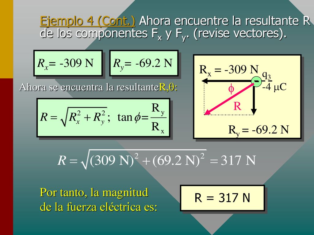 Ejemplo 4 (Cont.) Ahora encuentre la resultante R de los componentes Fx y Fy. (revise vectores).