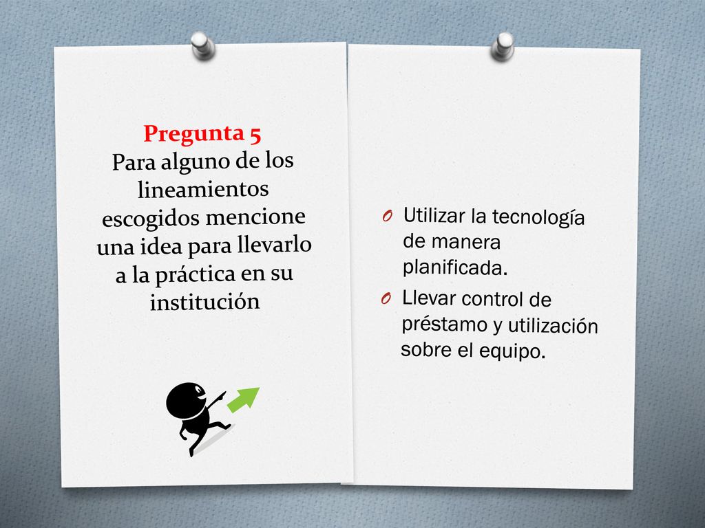 Pregunta 5 Para alguno de los lineamientos escogidos mencione una idea para llevarlo a la práctica en su institución