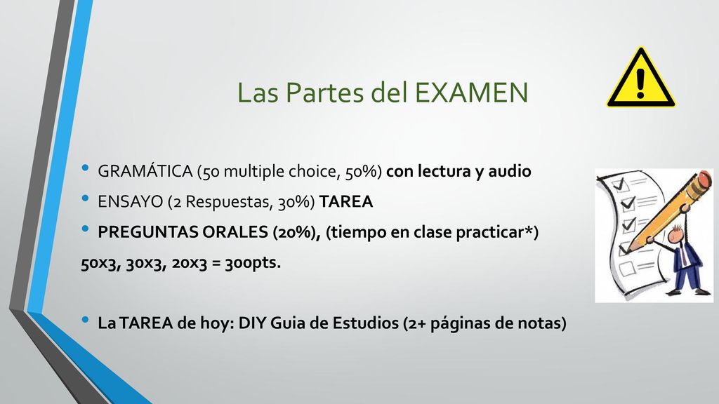 Las Partes del EXAMEN GRAMÁTICA (50 multiple choice, 50%) con lectura y audio. ENSAYO (2 Respuestas, 30%) TAREA.