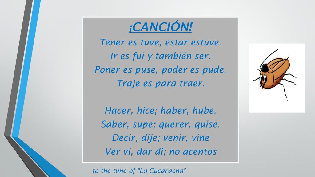 ¡CANCIÓN! Tener es tuve, estar estuve. Ir es fui y también ser.