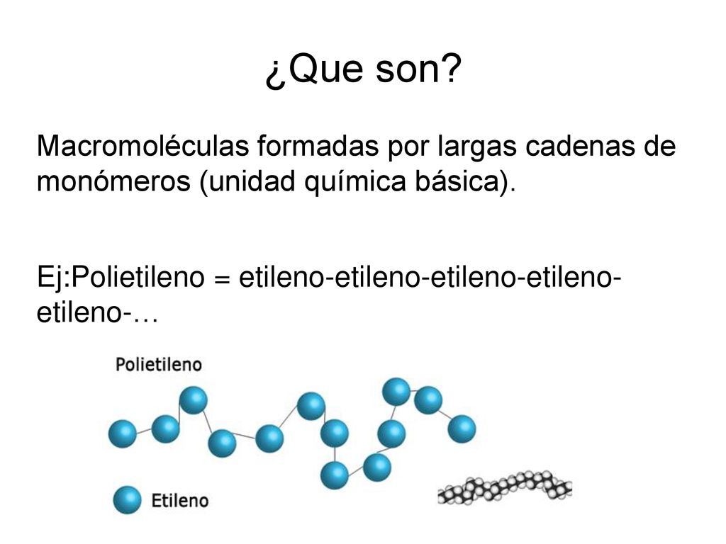 ¿Que son Macromoléculas formadas por largas cadenas de monómeros (unidad química básica).