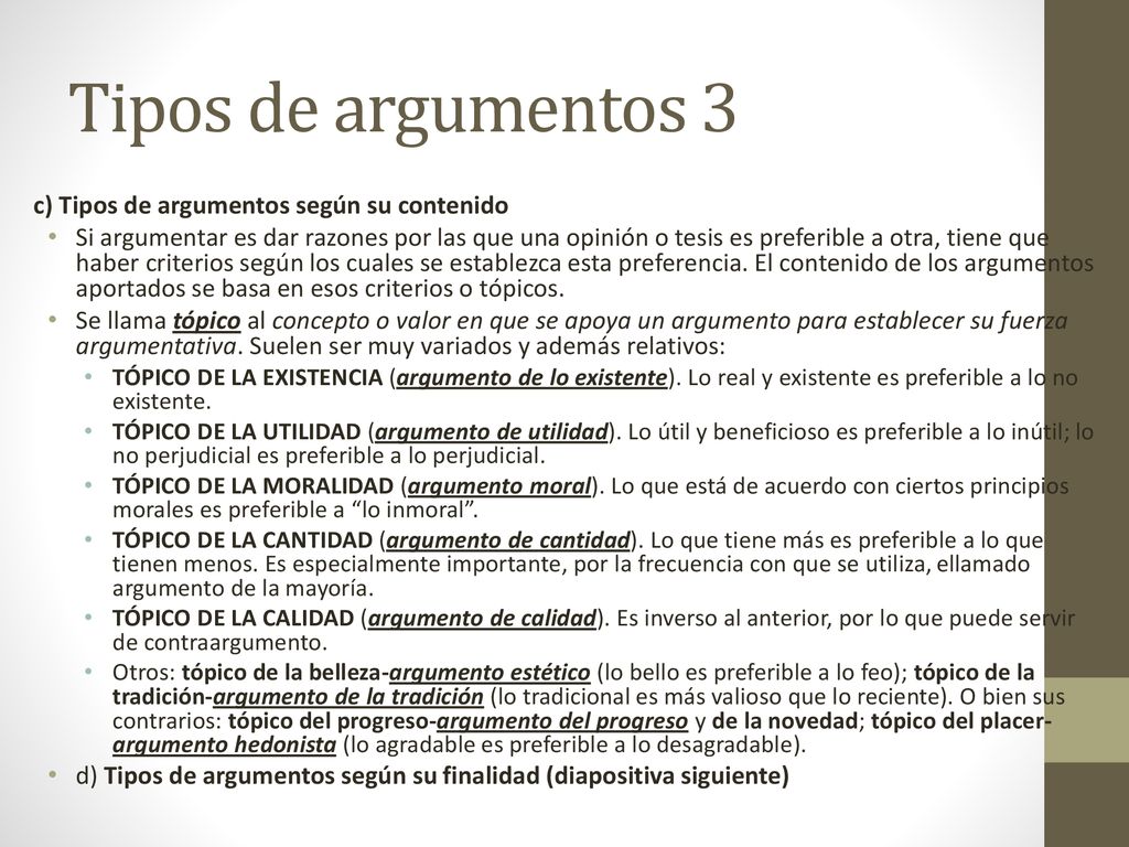 Tipos de argumentos 3 c) Tipos de argumentos según su contenido